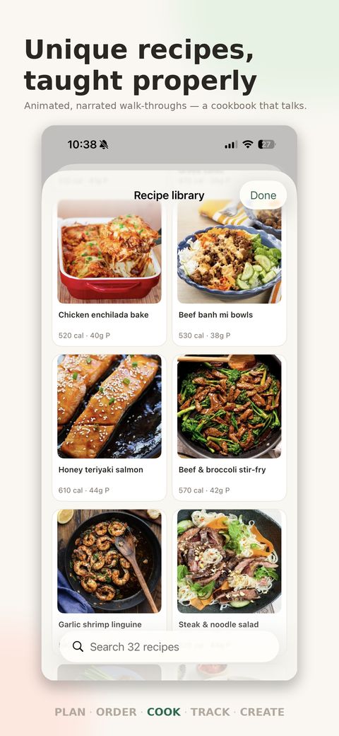 MealMatch recipe library with cookbook-style recipes and animated video walk-throughs