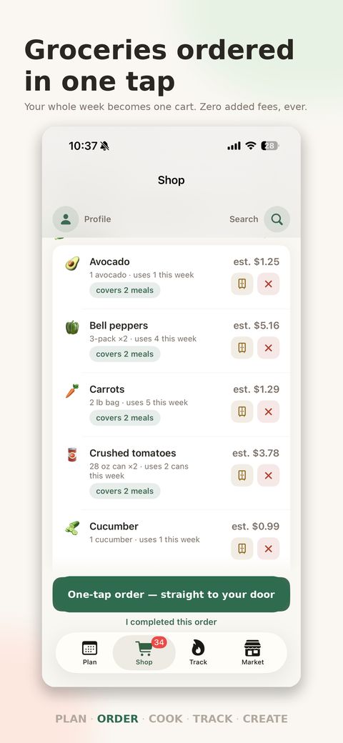 MealMatch Shop tab with a one-tap order button that sends groceries straight to your door