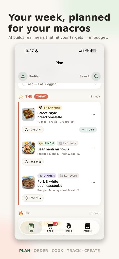 MealMatch Plan tab showing a week of meals matched to macros and calories