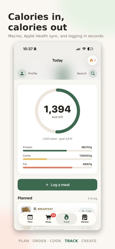 MealMatch Today tracking screen with calorie and macro rings synced to Apple Health